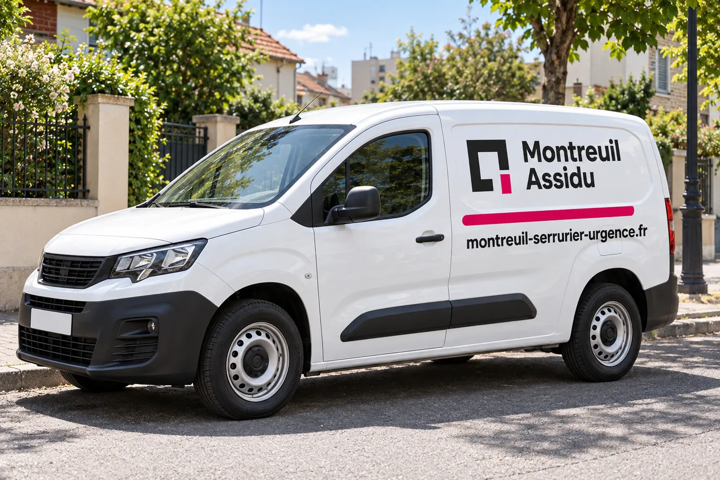 Utilitaire blanc aux couleurs Montreuil Assidu et montreuil-serrurier-urgence.fr garé dans une rue de Montreuil