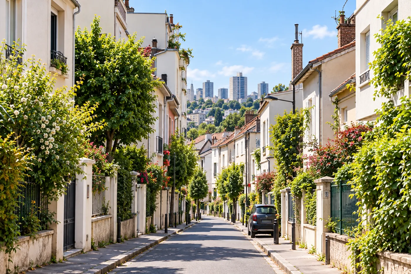 Rue résidentielle de Montreuil bordée de petites maisons, de murs de jardin et d'arbres